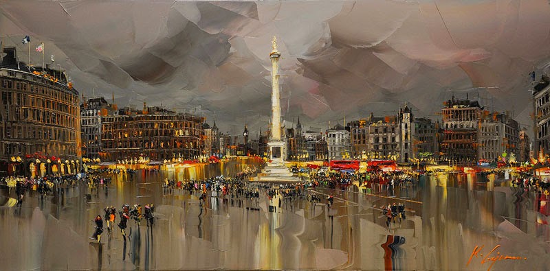 09-Trafalgar-Square-London-Kal-Gajoum-Paintings-of-Dream-Like Cities-of-the-World-www-designstack-co