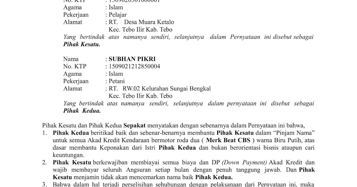 Contoh Surat Perjanjian Pinjam Atas Nama