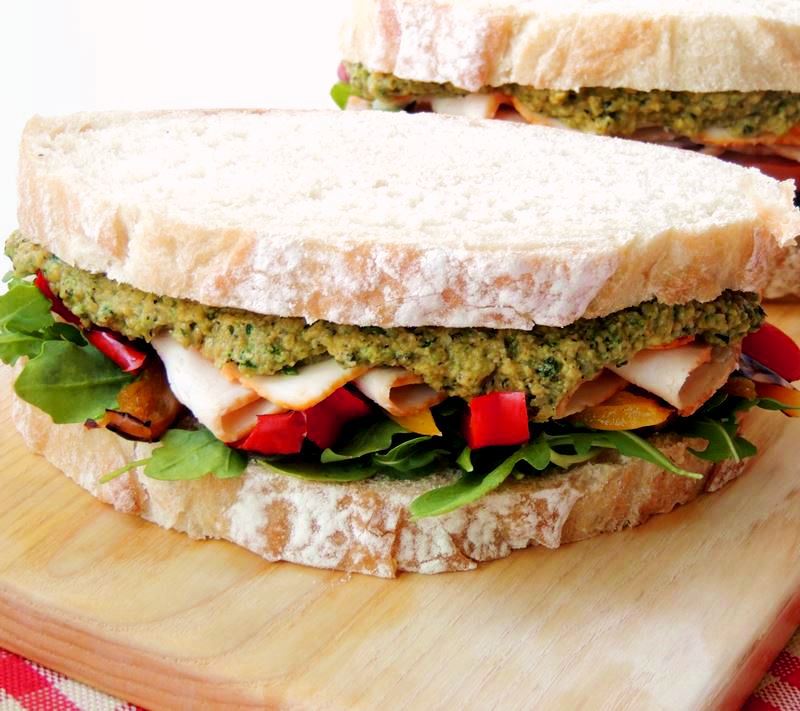 Turkey Sandwich with Zucchini Hummus and Grilled Peppers from www.bobbiskozykitchen.com