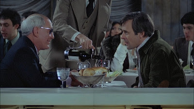 Burgess Meredith as Ben Greene, Anthony hopkins as Corky, Restaurant Scene prior to Corky's sudden disappearance, Magic, Directed by Richard Attenborough