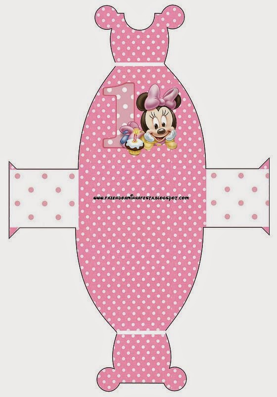 Minnie Primer Año con Lunares: Cajas para Imprimir Gratis. Este es para cajas con forma de vestido.