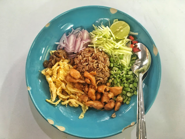 colorful dish of mixed thai rice and shrimp