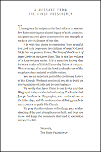 First Presidency's foreword to volume 1 of Saints: The Story of the Church of Jesus Christ in the Latter Days