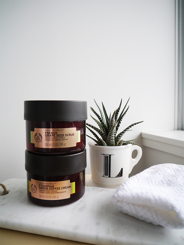 The Body Shop Spa of the World French Grape Seed Scrub Refining Body Scrub and The Body Shop Spa of the World Ethiopian Green Coffee Cream Firming Body Cream