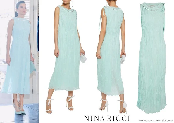 Queen Letizia wore NINA RICCI Embellished plissé-silk midi dress