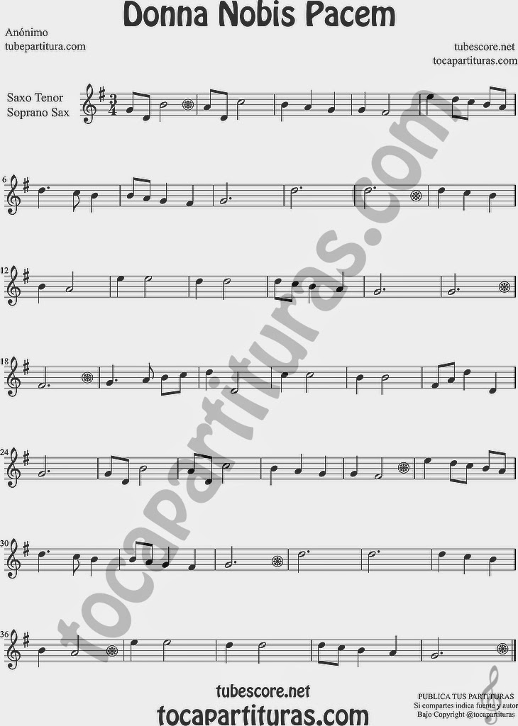  Donna Nobis Pacem Partitura de Saxofón Soprano y Saxo Tenor Sheet Music for Soprano Sax and Tenor Saxophone Music Scores
