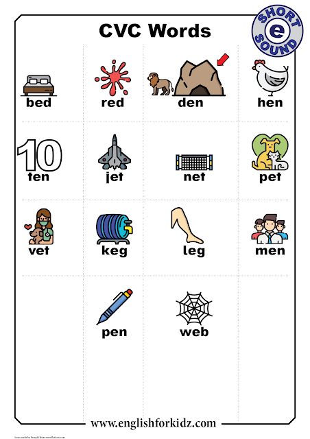 CVC words with pictures - short e sound - list of words