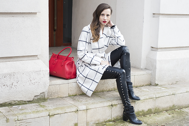 White Grid Winter Coat Studs Pearls Leather Leggings White Grid Winter Coat Studs Pearls Leather Leggings