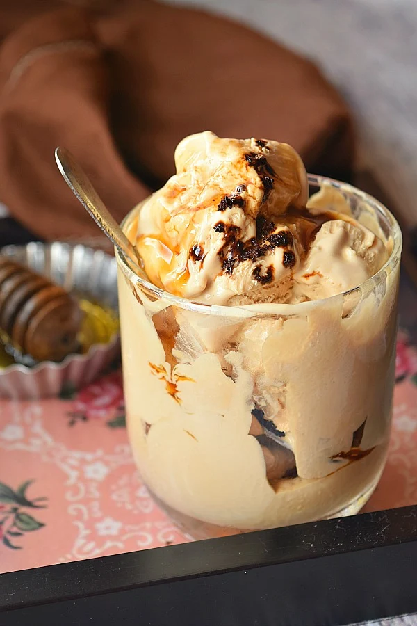 A glass served with scoops of eggfree nochurn coffee icecream