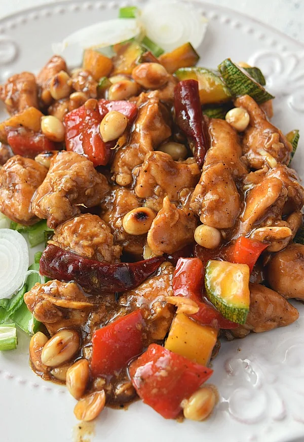 restaurant style Kung Pao Chicken loaded with zucchini ,bell peppers,peanuts along with sauce