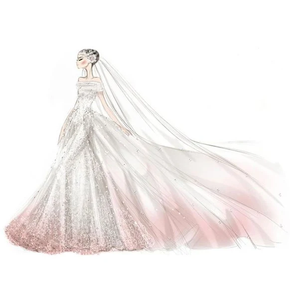 Valentino releases a sketch of the fairytale wedding dress designed for Anne Hathaway. Anne's gown is a strapless ivory silk d'esprit tulle dress