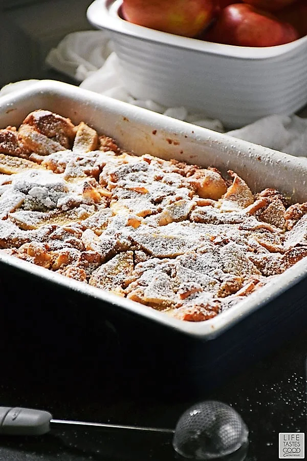 Apple Pie Bread Pudding dusted with sugar