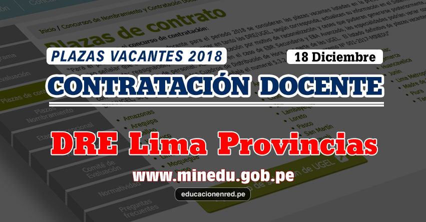 DRE Lima Provincias: Plazas Vacantes Contrato Docente 2018 (.PDF) www.drelp.gob.pe DRE Lima Provincias: Plazas Vacantes Contrato Docente 2018 (.PDF) www.drelp.gob.pe