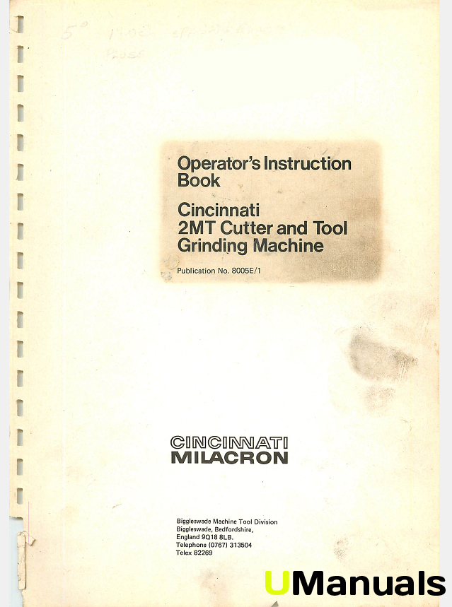 Machinery Manuals Cincinnati Milacron 2MT Cutter and Tool Grinder