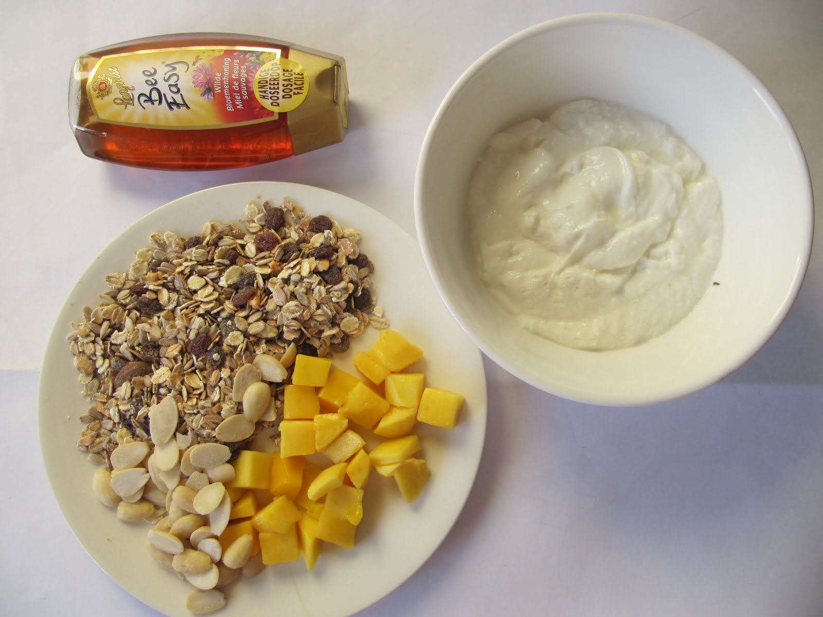 Foodblog Ontbijt Kwark met muesli, mango en honing.