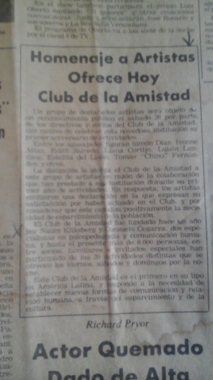 62 - Periódico El Universal,Venezuela, 26/07/1980. Noticia sobre el Club de la Cultura y la Amistad