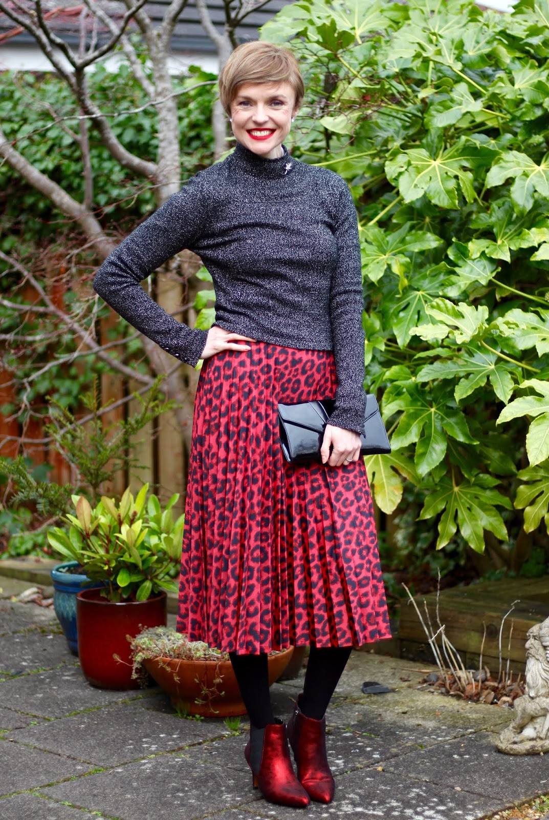 Lurex jumper, red leopard skirt and metallic boots | Fake Fabulous