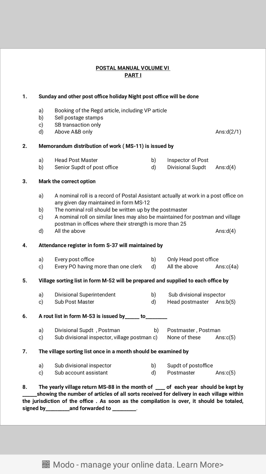 Postalnps Inspector of post Examination Paper I POSTAL MANUAL VOLUME