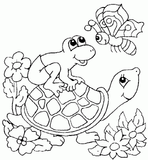 desenho de tartaruga com sapinho e borboleta para pintar