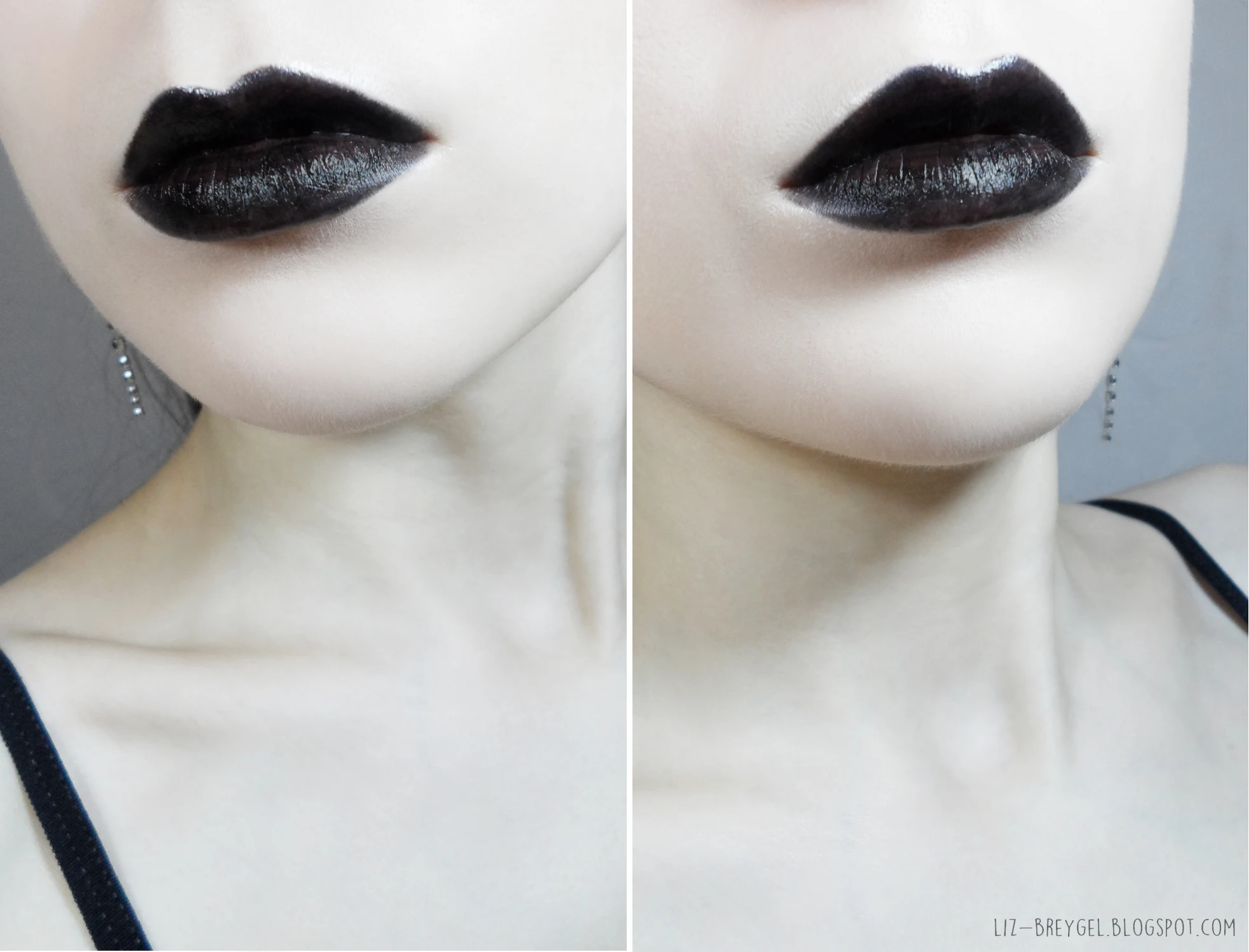 diptych of two Liz Breygel's selfies with a close-up on black lip look