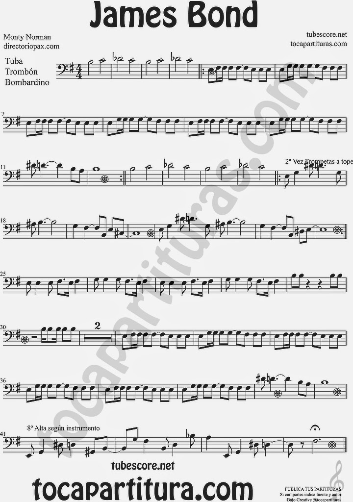  James Bond Partitura Tuba, Trombón y Bombardino Sheet Music for Tube, Trombone and Euphonium Music Scores  ¡Atención es tocapartituras.com con "s"! (error en la partitura)