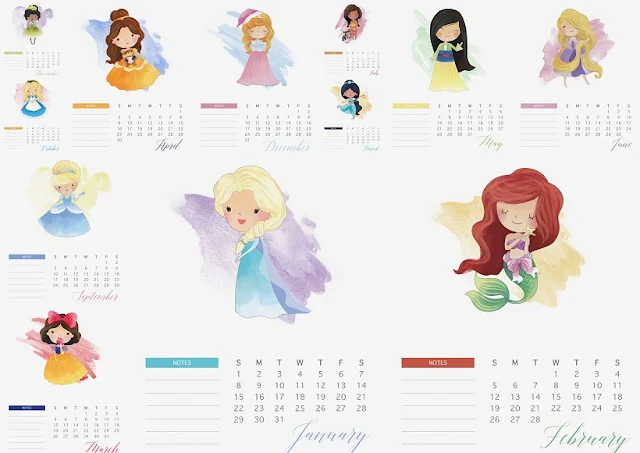 Calendario 2017 de las Princesas Disney para Imprimir Gratis.