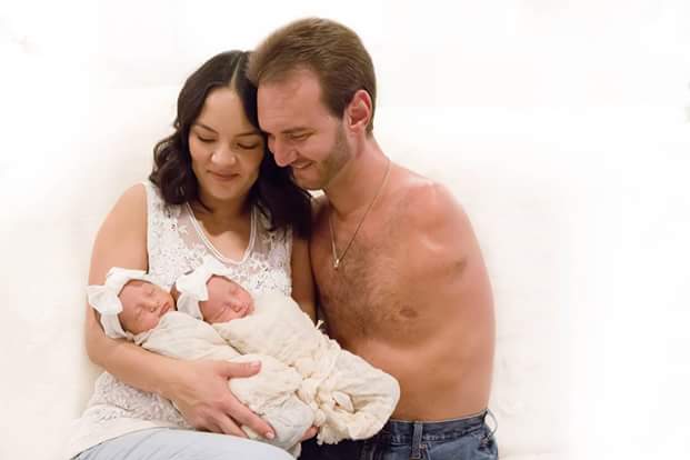 Limbless Australian Christian evangelist, Nick Vujicic shares adorable photos of his twins