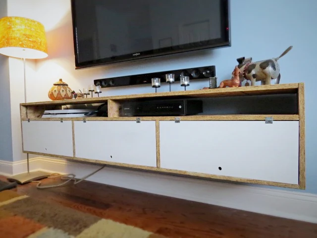 finished tv wall cabinet shelf console thingie built of osb floating on wall