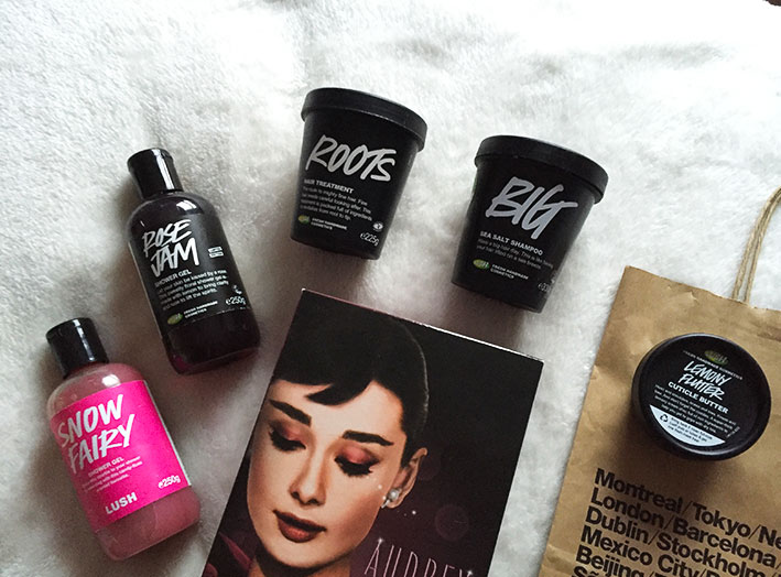 Lush products: Snow Fairy, Rose Jam, Roots, Big and Lemon Flutter.