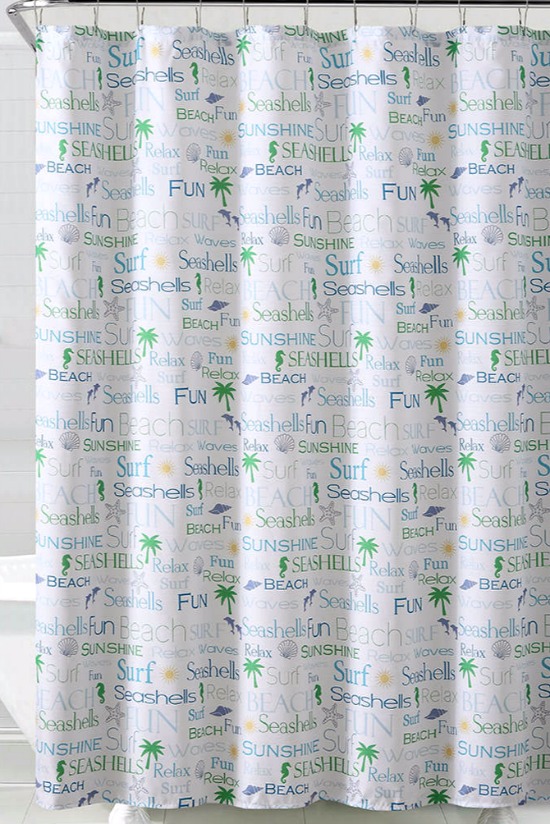 White Blue Green Beach Shower Curtain With Words Home White Blue And Green Whimsical Beach Shower Curtain With Hooks