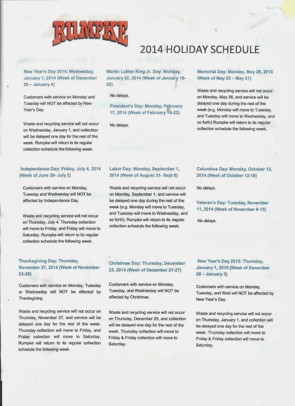 City of Glenview Hills Louisville Kentucky 2014 Rumpke Recycle Calendar