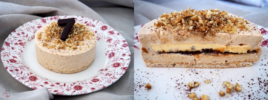 Tarta mousse de membrillo y queso mascarpone, con disco interior de membrillo y crema inglesa y base de dacquoise de nueces.