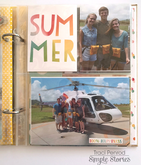 Summer Days Scrapbook Album pocket page with photos of helicopter ride in Hawaii