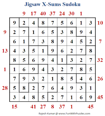 Jigsaw X-Sums Sudoku (Daily Sudoku League #184) Solution