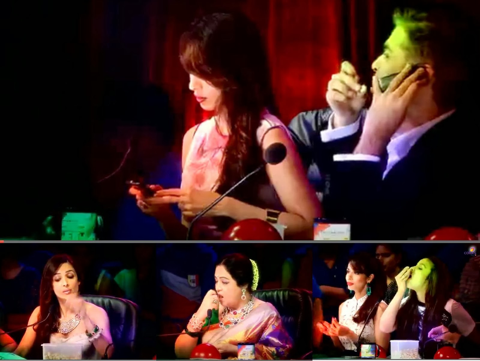 India's Got Talent stills: Judges Karan Johar, Malaika Arora Khan, and Kirran Kher India's Got Talent Judges Karan Johar, Malaika Arora Khan, and Kirran Kher eating on IGT set