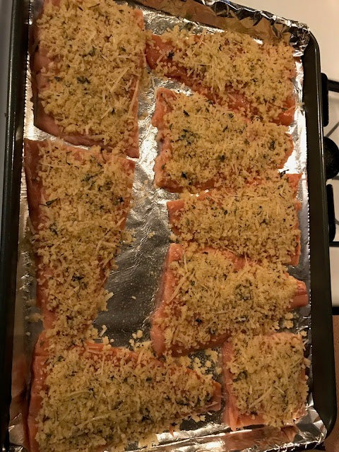 Panko Parm topping on salmon fillets on sheet pan