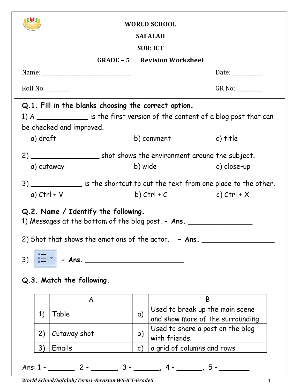 Birla World School Oman: Homework for Grade 5 as on 30/11/2017