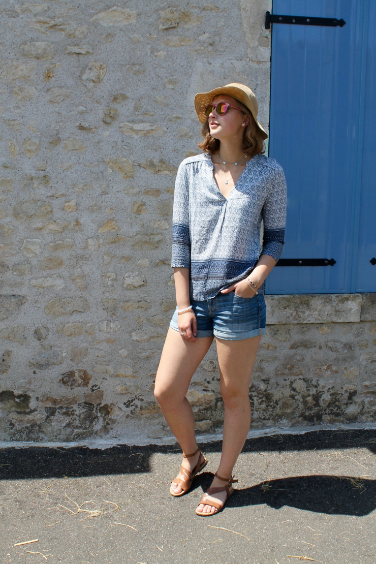 blue printed shirt and denim shorts for a cute summer outfit