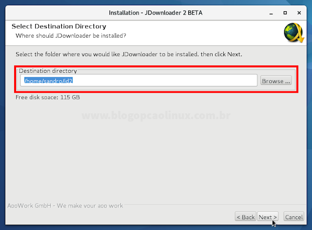Selecione o local de instalação do JDownloader 2 (recomendo que deixe a pasta padrão)