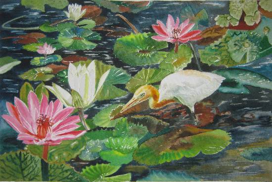 Lotus with floating bird by Poonam Juvale