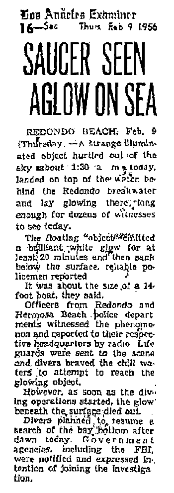 Saucer Lands on Ocean - Los Angeles Examiner 2-9-1956 Saucer Lands on Ocean - Los Angeles Examiner 2-9-1956