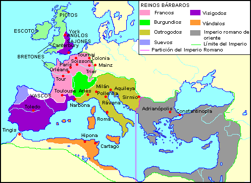 Resultado de imagem para mapa dos 10m reinos bárbaros invasores do imperio romano