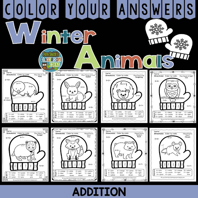   Fern Smith's Classroom Ideas Winter Math: Winter Fun! The Mitten Winter Animals Addition Facts - Color Your Answers Printables at TeachersPayTeachers. #TpT