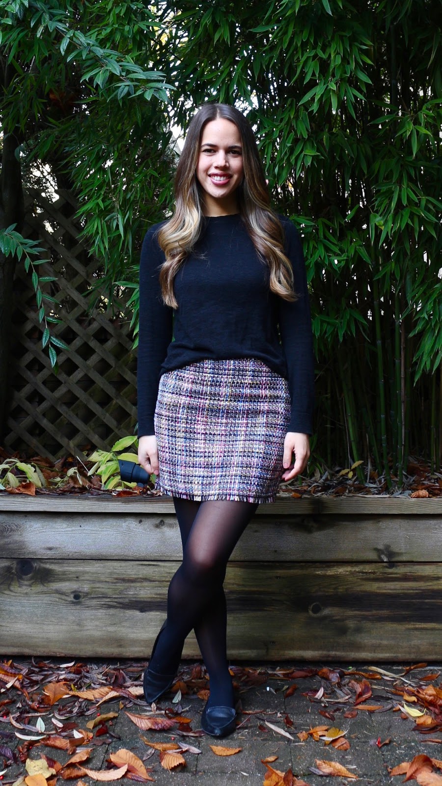 Jules in Flats - H&M Tweed Skirt + Black Sweater (Business Casual Fall Workwear on a Budget) 