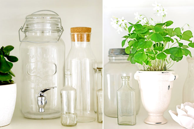 shamrock in french cup and clear glass bottles on shelves