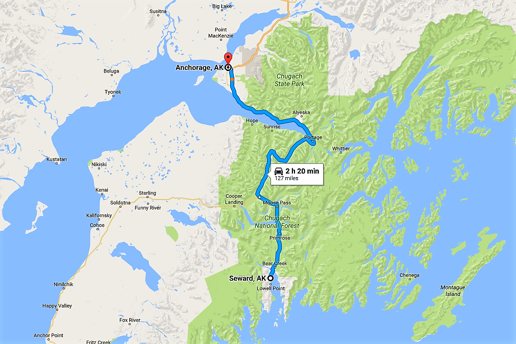 how far from anchorage airport to whittier port