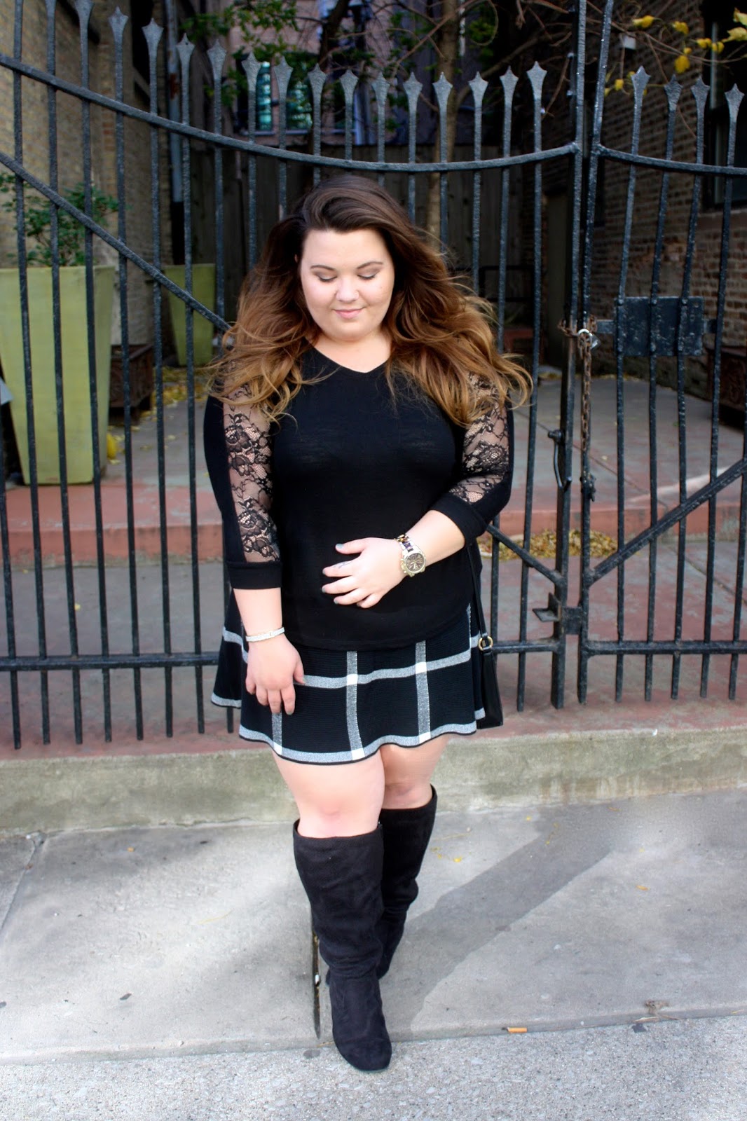 natalie craig, natalie in the city, chicago, windy city, chicago blogger network, windy city blogger, school girl, plaid skirt, sweater skirt, ootd fashion blogger, plus size fashion blogger, ombre, curly hair, lace sleeves, michael kors watch, how to wear boots with a skirt, fall fashion, fatshion, curvy