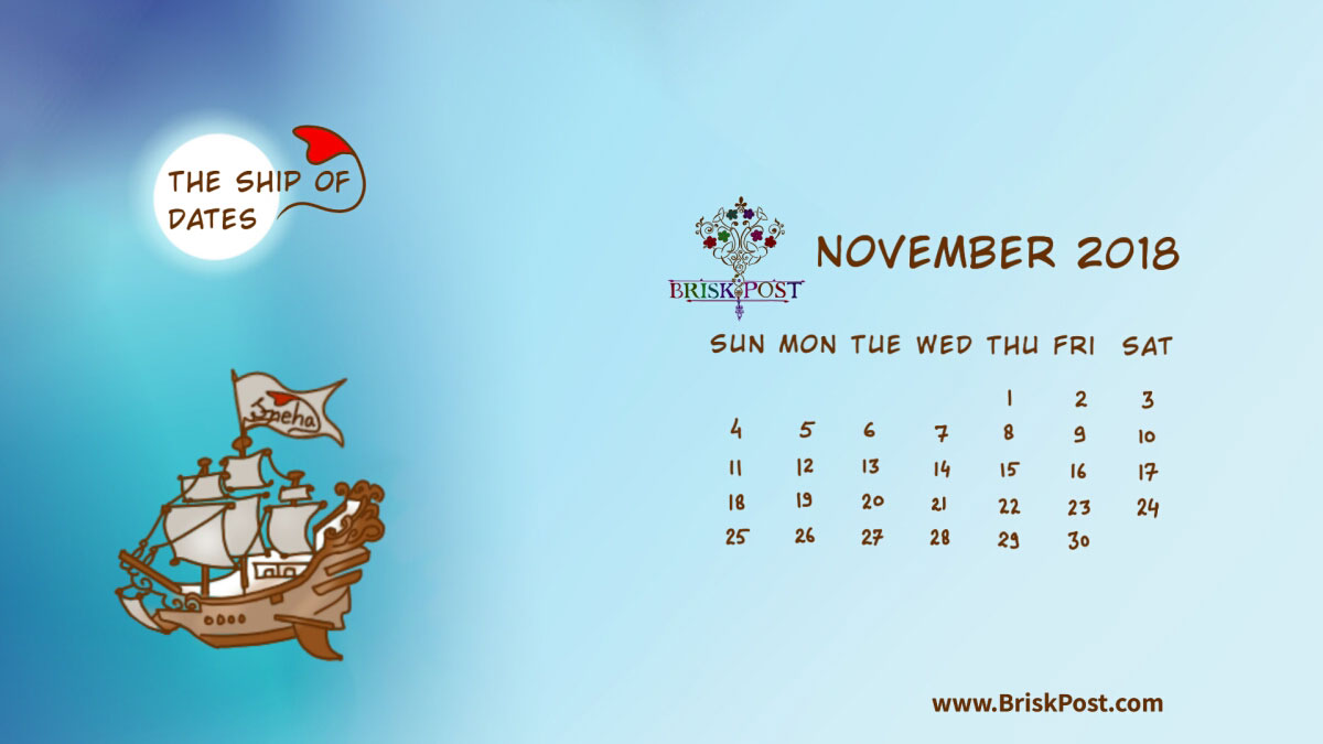 November 2018 Calendar Wallpaper with Ship in rough Theme Monthly view of November 2018 Calendar with theme illustration of ship in rough sea