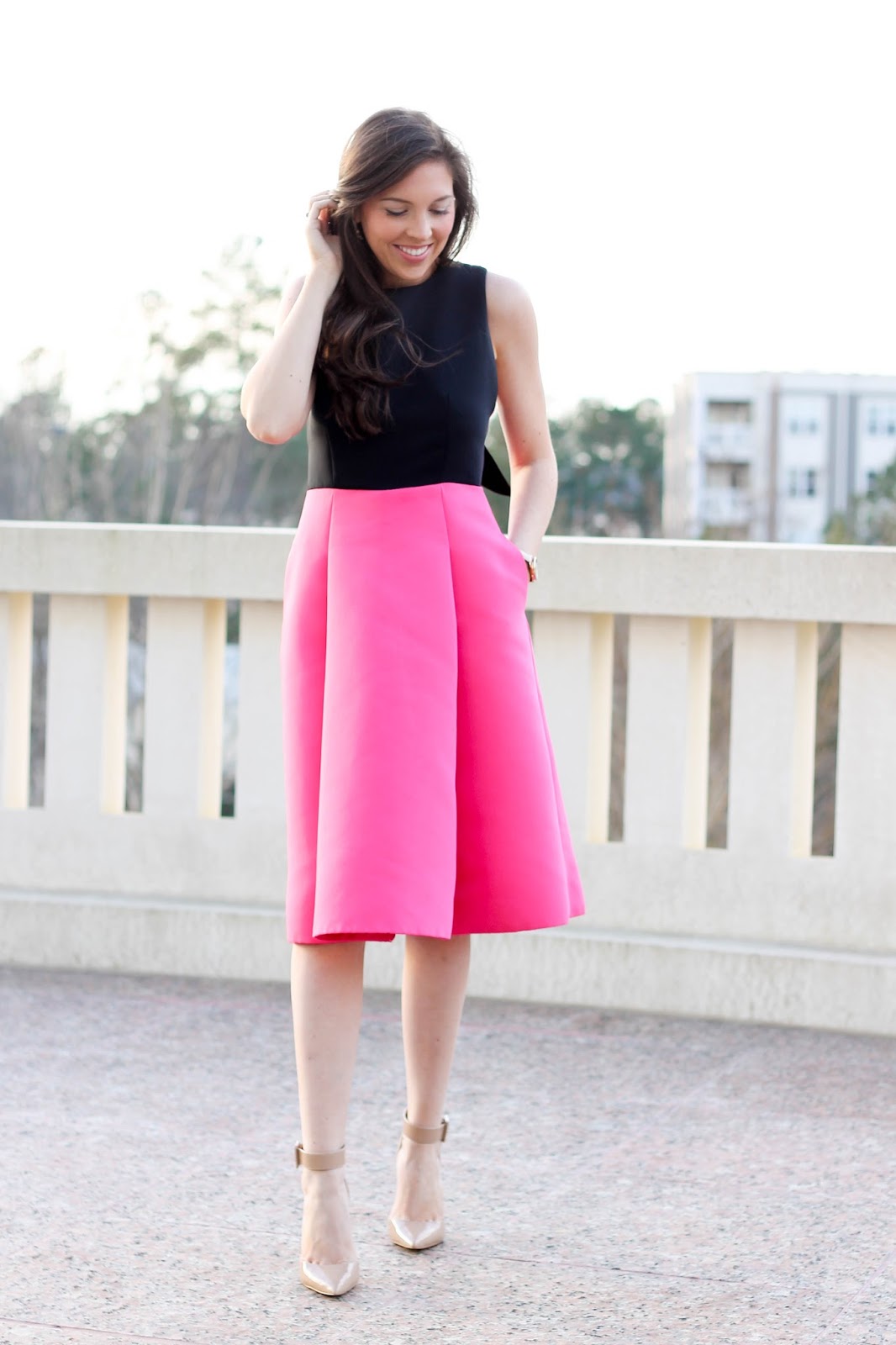 Kate Spade Bow back colorblock dress, Rent the Runway Valentine's dress, Rent the Runway wedding dress idea, NC Fashion Blogger, Stella Dot earrings, fossil tan leather watch with rose gold face, pretty in the pines blog