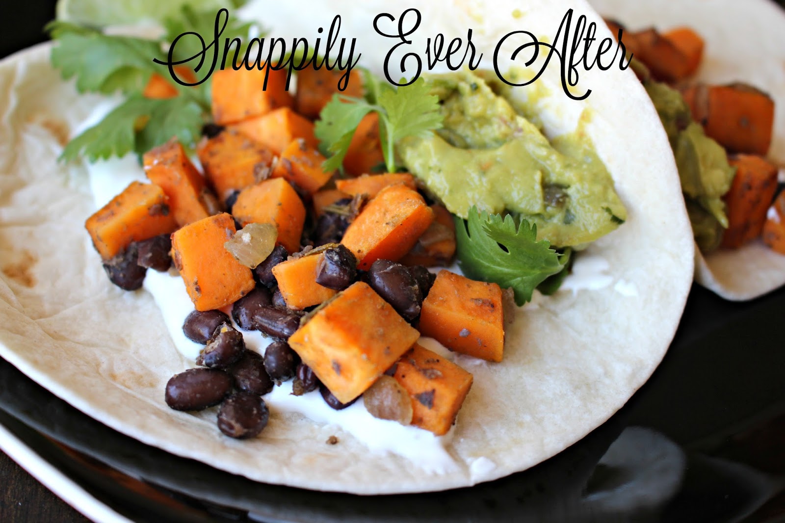 Snappily Ever After Sweet Potatoes and Black Bean Tacos with Lime Crema